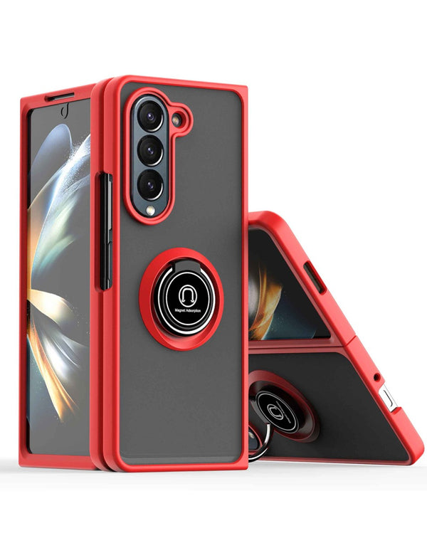 Encuentra la mejor funda protectora para tu Galaxy Z Fold 5 en Guatemala, con borde colorido y soporte I-ring en color rojo.