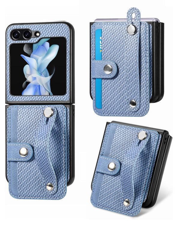Encuentra la mejor funda billetera para Galaxy Z Flip 6 en Guatemala, con ranura para tarjetas de crédito y pulsera incluida.