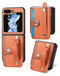 Protege tu Samsung Galaxy Z Flip 6 con esta funda billetera en Guatemala, con ranura para tarjetas de crédito y correa de muñeca en color café.