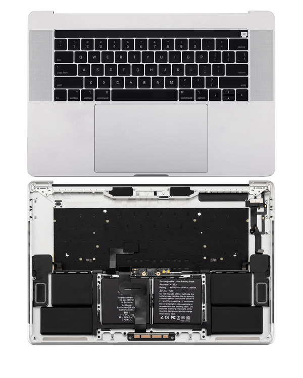 Ensamble de carcaza superior para Macbook Pro 15" con Teclado, touch bar, trackpad y Bateria - Color Silver - Compatible con modelos A1990 Late 2018 a Early 2019 - Teclado tipo: US English