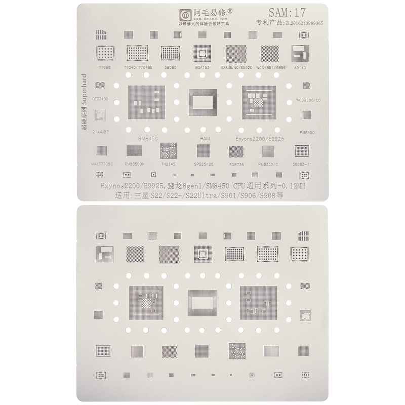 Stencil de Reballing para IC Chip Samsung Galaxy S22 / S22 Plus / S22 Ultra