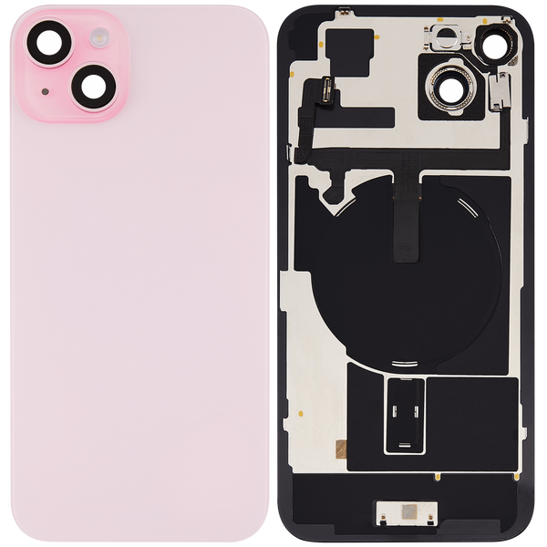 Tapa trasera para iPhone 15 Plus con placa metalica, carga inalambrica NFC, iman MagSafe y flex de linterna (Rosa)