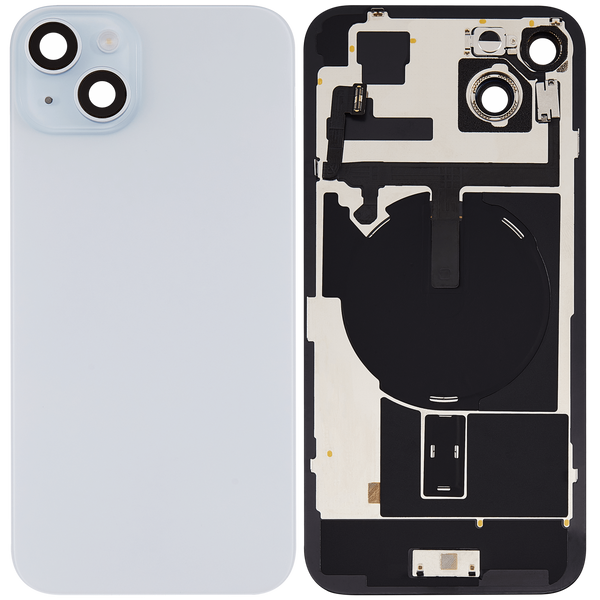 Tapa trasera con placa de acero, iman MagSafe NFC y flex de linterna para iPhone 15 Plus (Sin logo) (Azul)