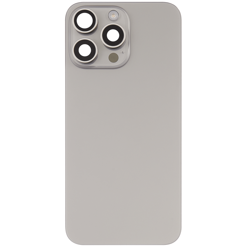 Tapa trasera para iPhone 15 Pro Max con placa, NFC, iman MagSafe y flex de linterna sin logo (Titanio Natural)