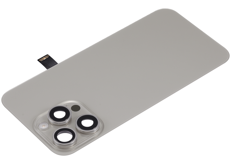 Tapa trasera para iPhone 15 Pro Max con placa, NFC, iman MagSafe y flex de linterna sin logo (Titanio Natural)