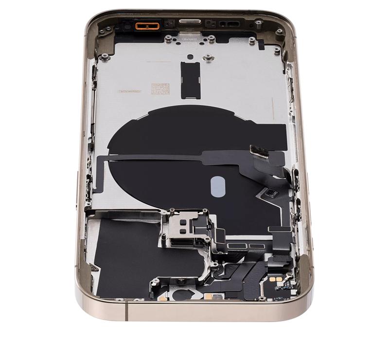 Tapa trasera para iPhone 14 Pro dorada con componentes pequeños pre-instalados