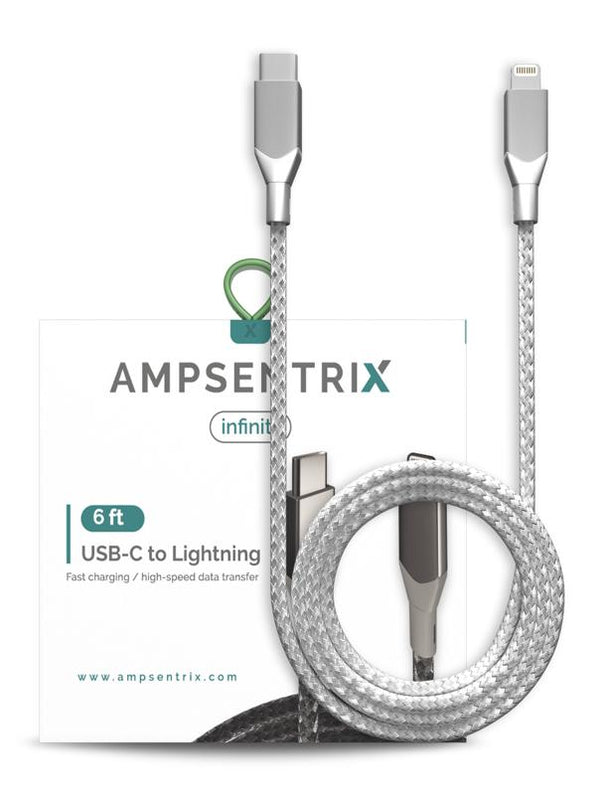 Cable USB Tipo C a Lightning de 6 pies AmpSentrix Infinity color Plata