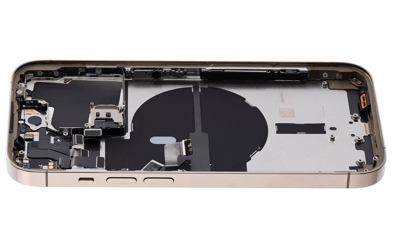 Tapa trasera para iPhone 14 Pro dorada con componentes pequeños pre-instalados