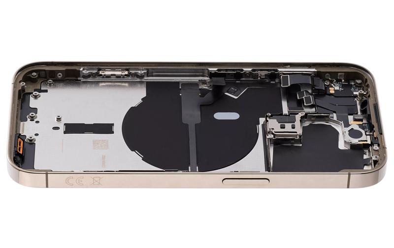 Tapa trasera para iPhone 14 Pro dorada con componentes pequeños pre-instalados