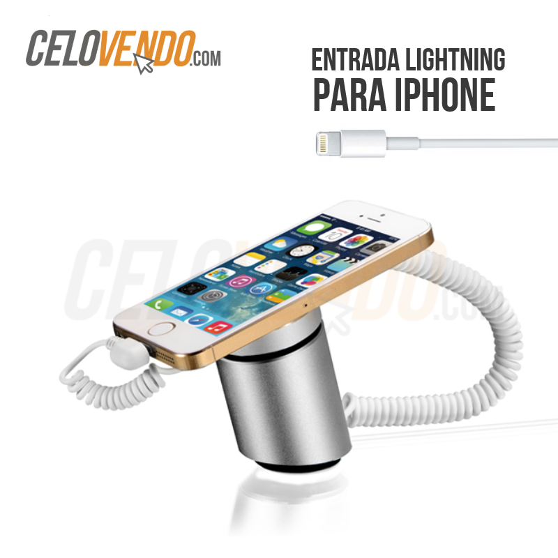 Exhibidor de celular anti-robo con Alarma |  Material: Aluminio | Conector Lightning para iPhone y iPad - Un control por alarma