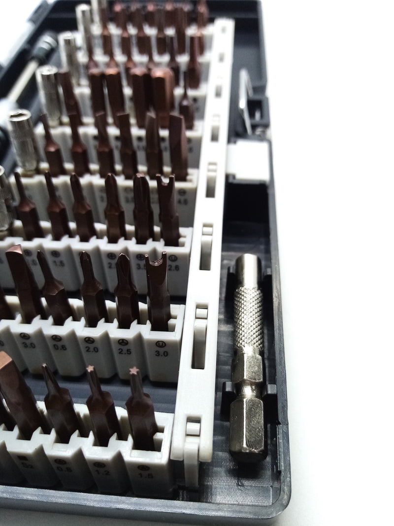 Desarmador de Aluminio con 56 puntas para reparar celulares y computadoras.
