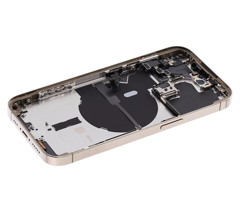 Tapa trasera para iPhone 14 Pro dorada con componentes pequeños pre-instalados
