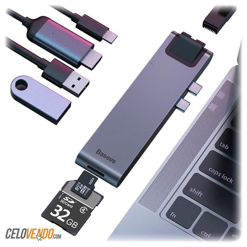 Hub Thunderbolt Pro para Macbook Pro 2019 -2018 -2017  Marca Baseus| Lector SD | HDMI 4K | Entrada Thunderbolt | Entrada Ethernet
